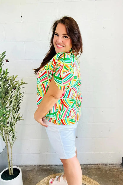 Hello Beautiful Green & Orange Geo Frill Notch Neck Puff Sleeve Top-2024 Blow-Out Sale-Evelyns Fashion