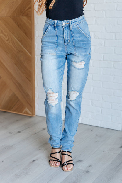 High Rise Distressed Jeans-Denim-Evelyns Fashion