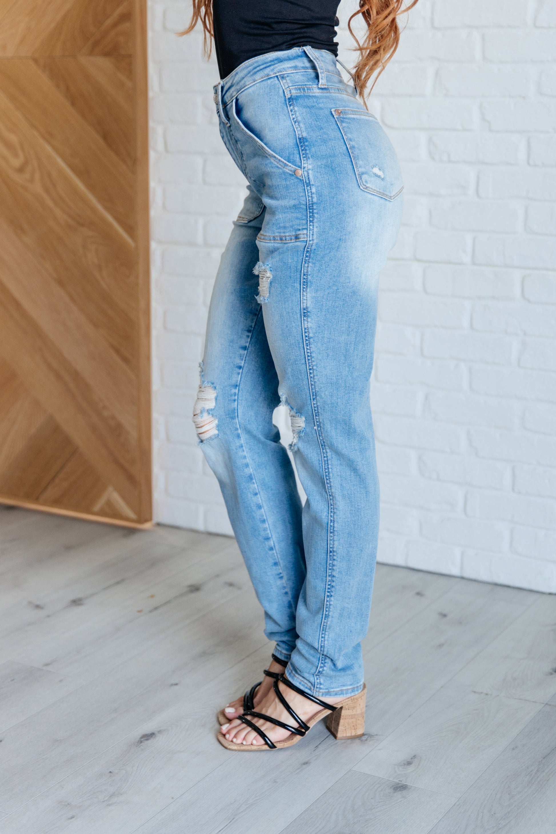 High Rise Distressed Jeans-Denim-Evelyns Fashion