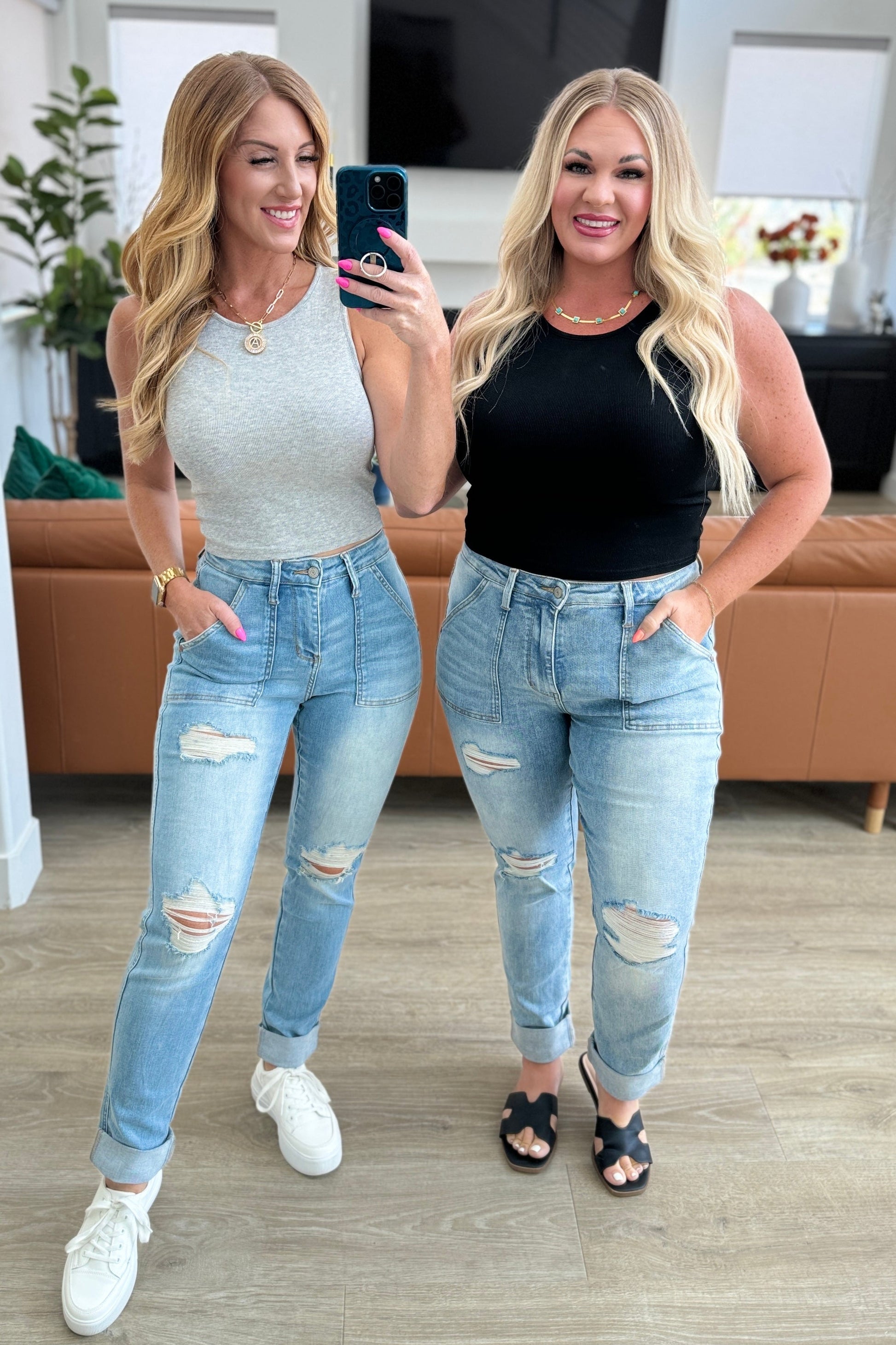 High Rise Distressed Jeans-Denim-Evelyns Fashion