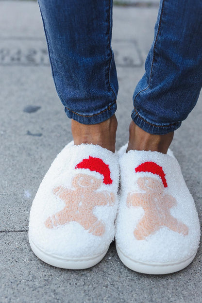 Holiday Gingerbread Man Print Fleece Slippers-2024 Blow-Out Sale-Evelyns Fashion