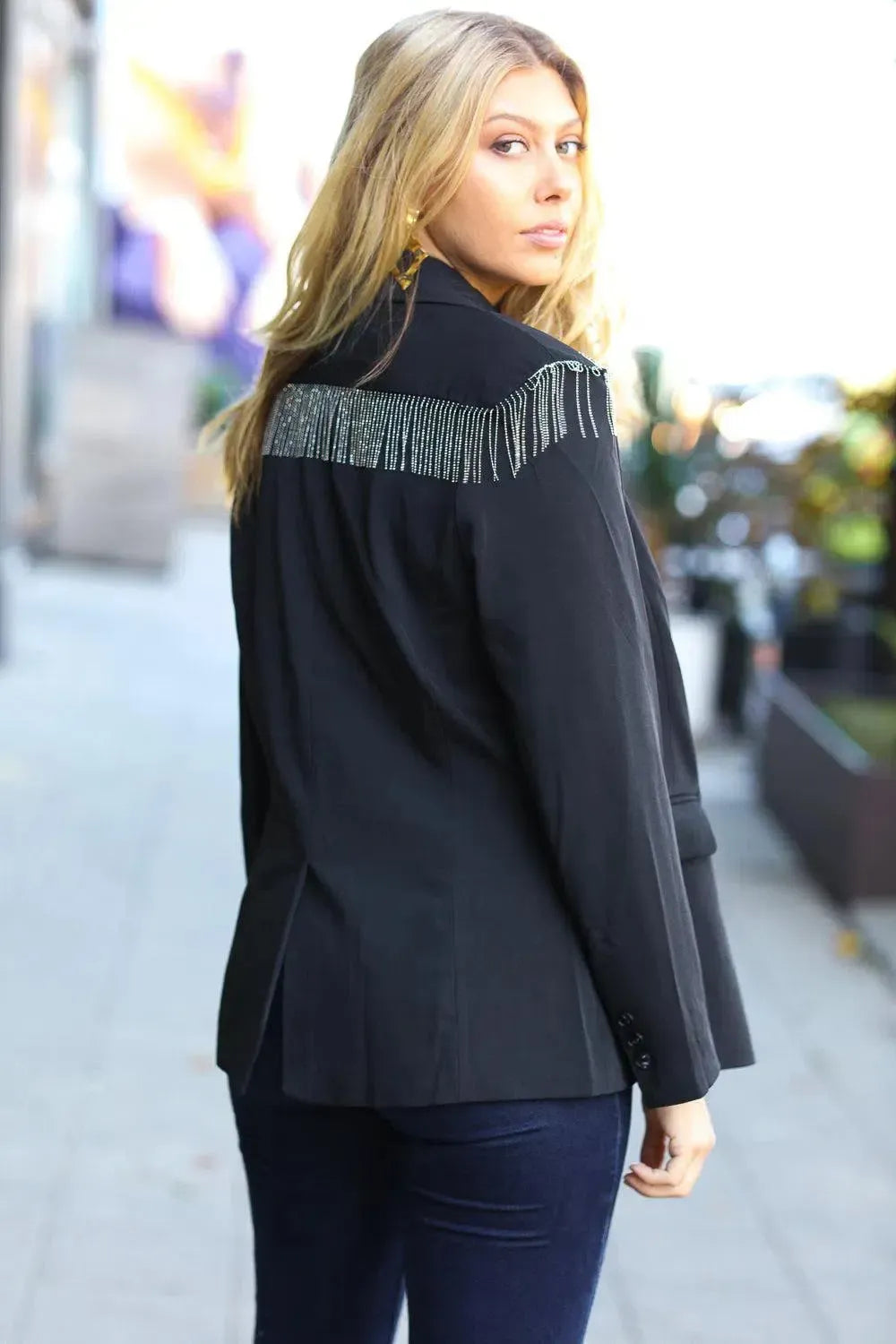 Holiday Ready Black Shoulder Tassel Fringe Blazer-2024 Blow-Out Sale-Evelyns Fashion