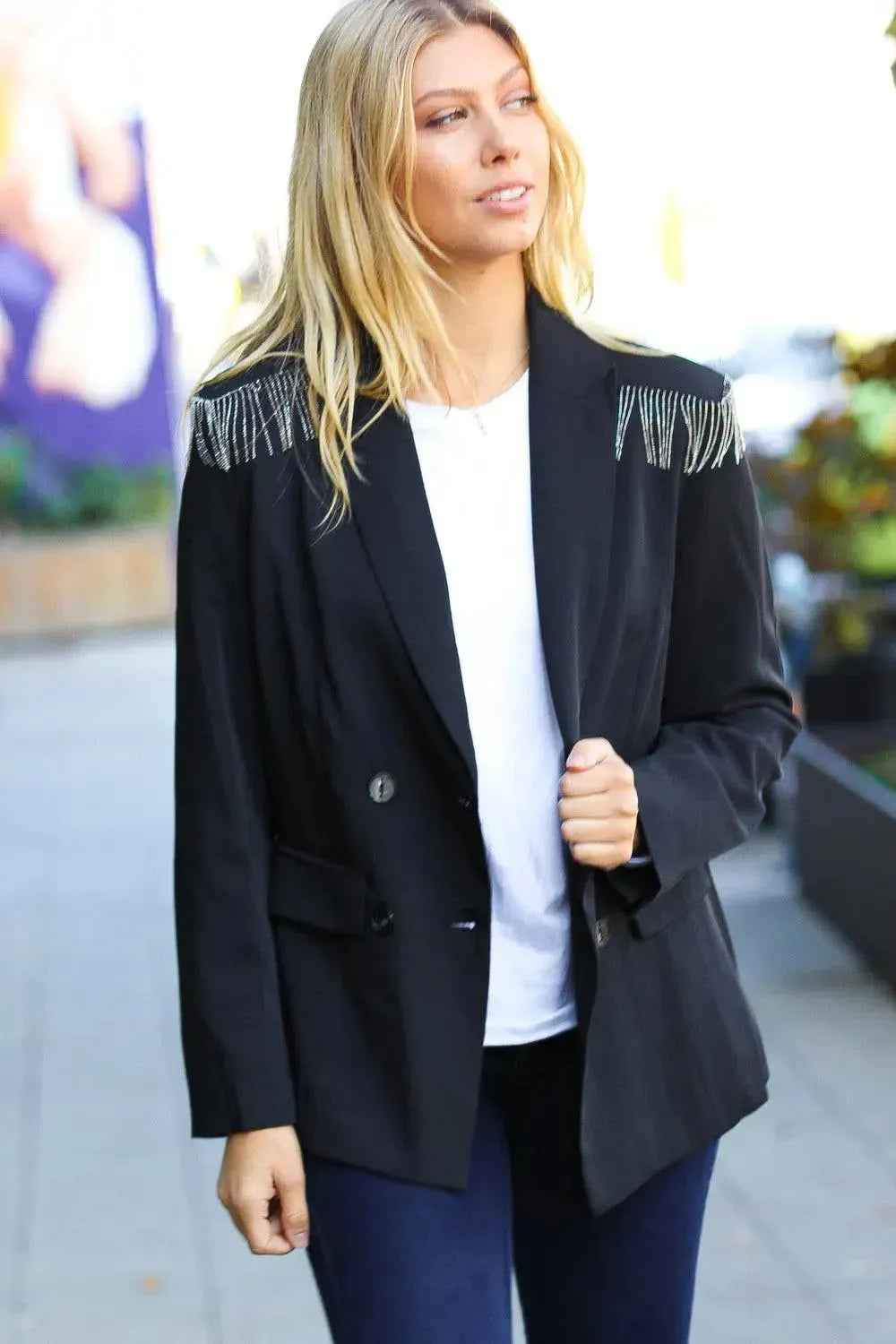 Holiday Ready Black Shoulder Tassel Fringe Blazer-2024 Blow-Out Sale-Evelyns Fashion