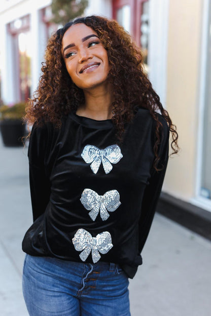 Home For The Holiday Silver Sequin Bow Velvet Pullover Top-2024 Blow-Out Sale-Evelyns Fashion