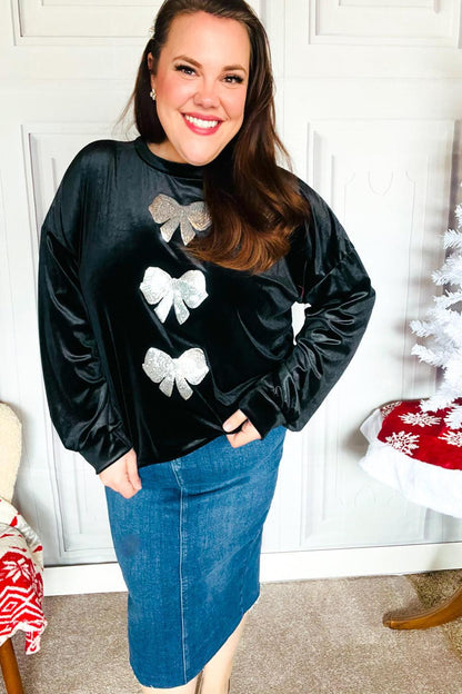 Home For The Holiday Silver Sequin Bow Velvet Pullover Top-2024 Blow-Out Sale-Evelyns Fashion