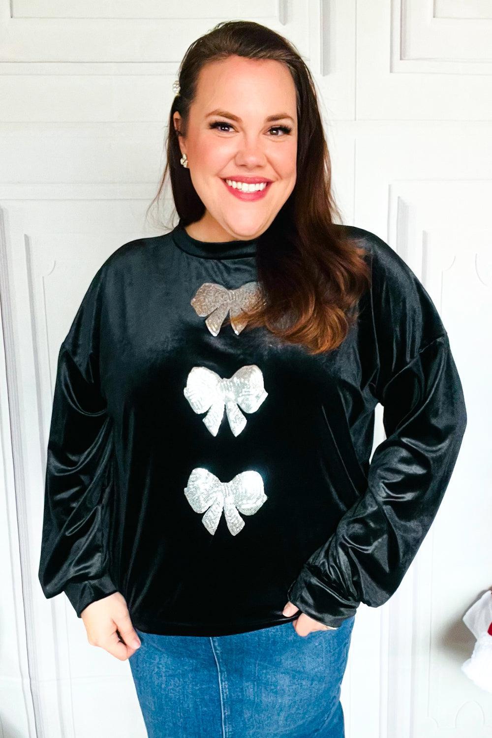 Home For The Holiday Silver Sequin Bow Velvet Pullover Top-2024 Blow-Out Sale-Evelyns Fashion