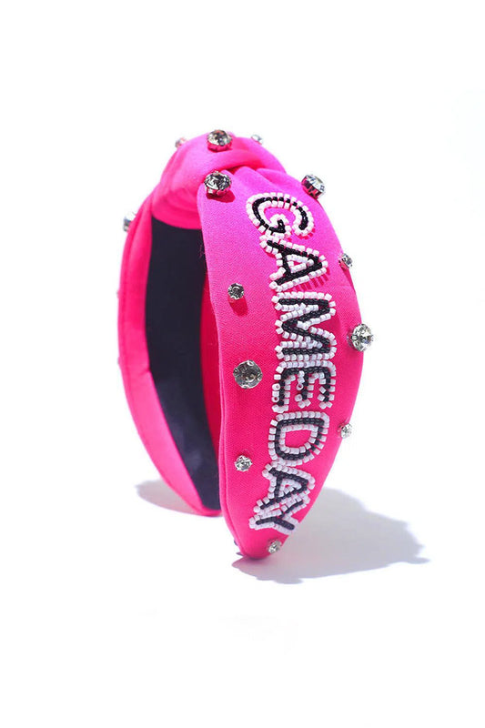 Hot Pink Jeweled & Beaded Gameday Top Knot Headband-2024 Blow-Out Sale-Evelyns Fashion