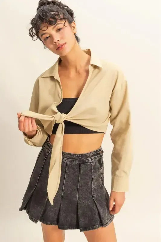 HYFVE Washed Tie Front Crop Top-Apparel & Accessories-Evelyns Fashion