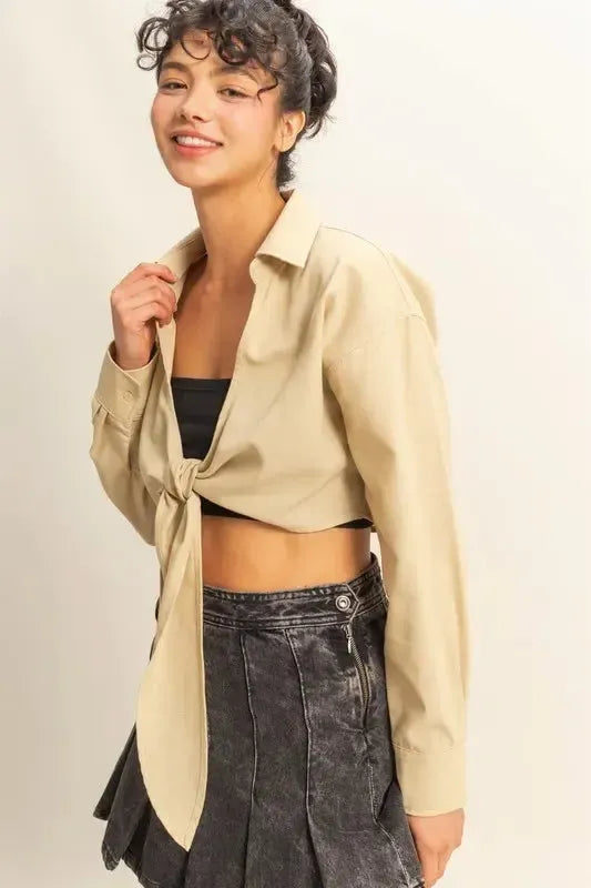 HYFVE Washed Tie Front Crop Top-Apparel & Accessories-Evelyns Fashion