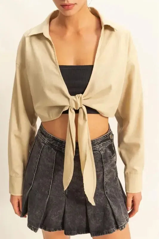 HYFVE Washed Tie Front Crop Top-Apparel & Accessories-Evelyns Fashion