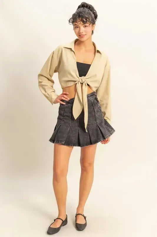 HYFVE Washed Tie Front Crop Top-Apparel & Accessories-Evelyns Fashion