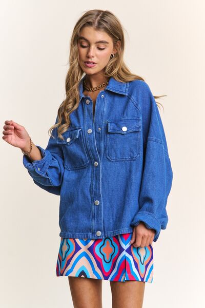 J.NNA Snap Down Long Sleeve Denim Shacket-Evelyns Fashion