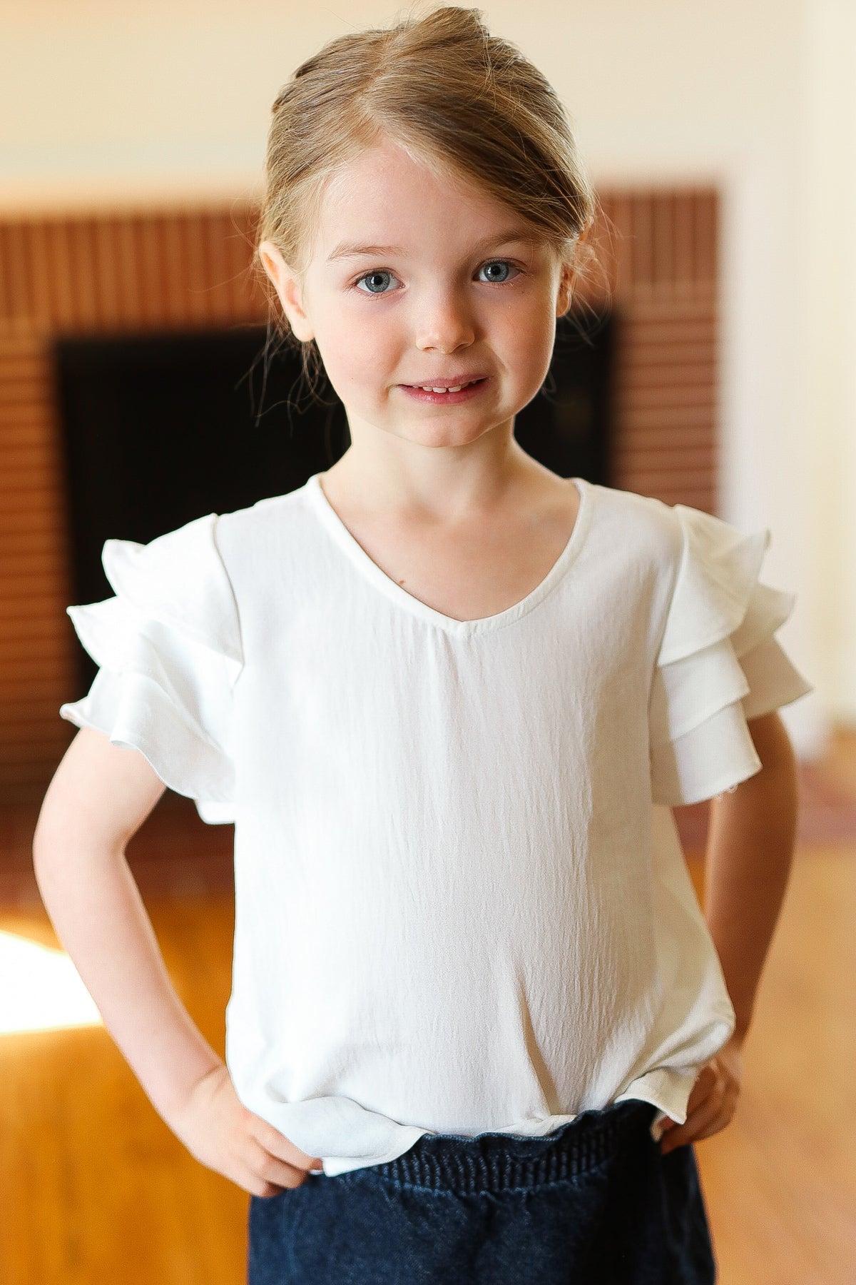 Kids Lovable Linen Feel V Neck Ruffle Sleeve Top-2024 Blow-Out Sale-Evelyns Fashion