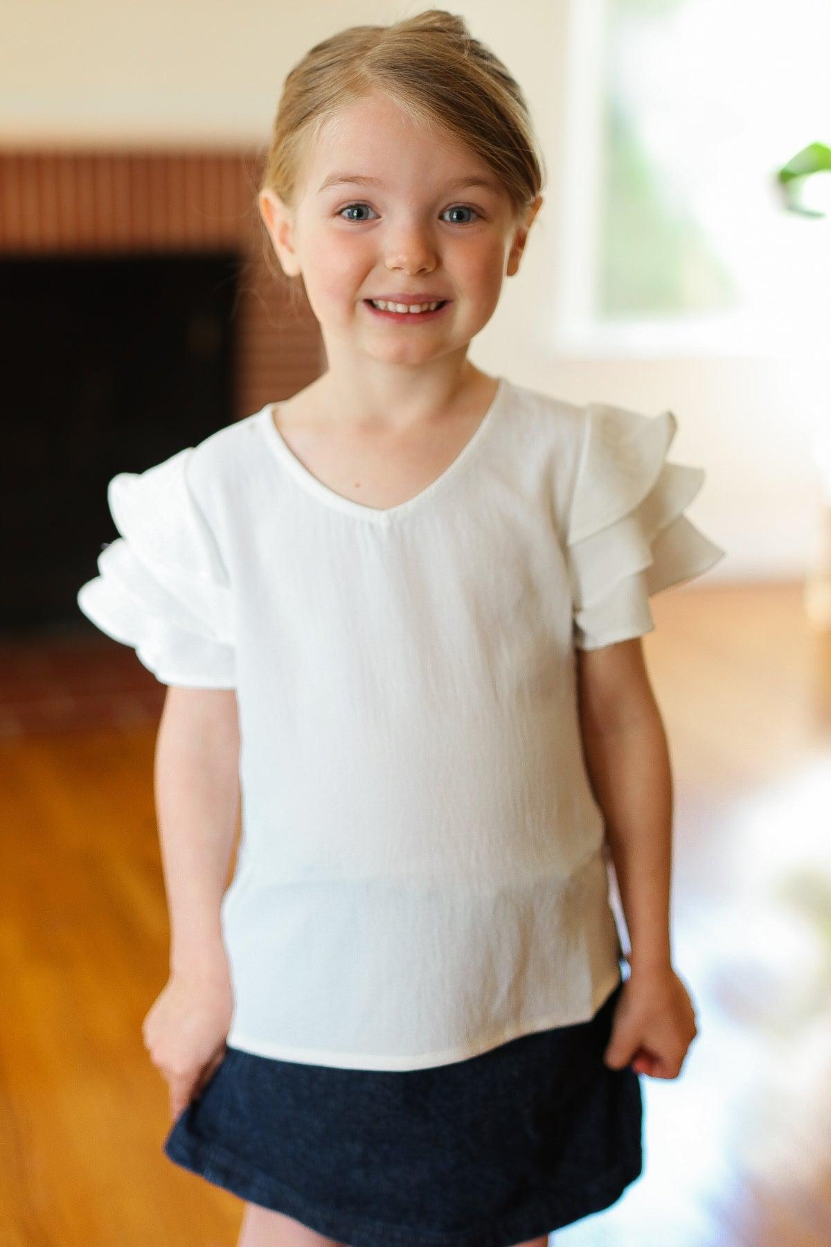 Kids Lovable Linen Feel V Neck Ruffle Sleeve Top-2024 Blow-Out Sale-Evelyns Fashion
