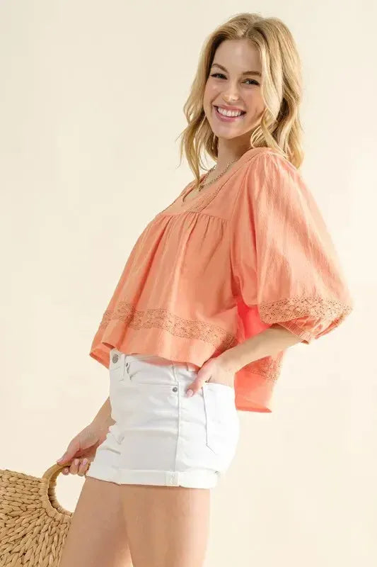 Lace Detailed V Neck Blouse-Apparel & Accessories-Evelyns Fashion