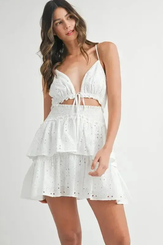 Lace Eyelet Ruffle Mini Dress-Apparel & Accessories-Evelyns Fashion