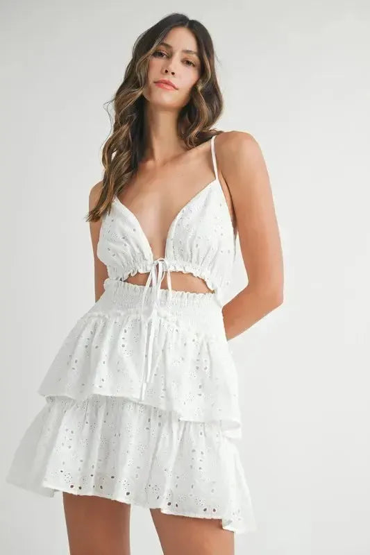 Lace Eyelet Ruffle Mini Dress-Apparel & Accessories-Evelyns Fashion