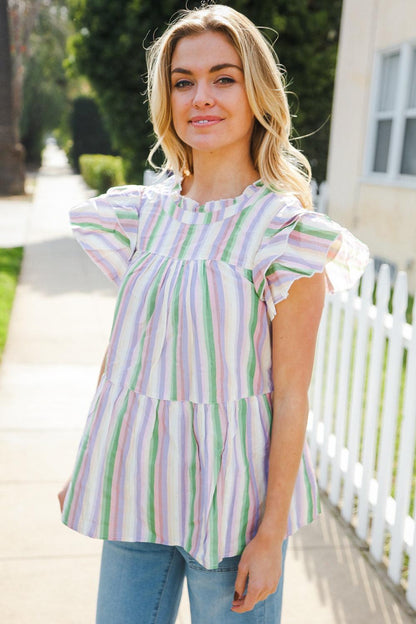 Lavender Stripe Tiered Top-Blouses-Evelyns Fashion