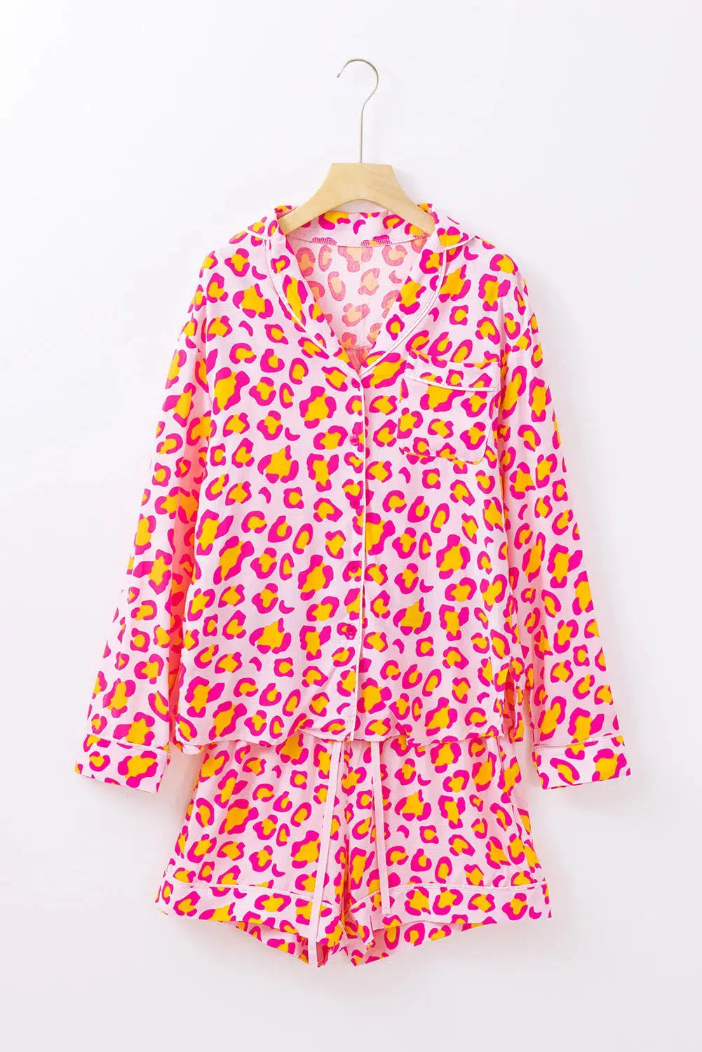 Leopard Collared Neck Long Sleeve Top and Shorts Lounge Set-Loungewear-Evelyns Fashion