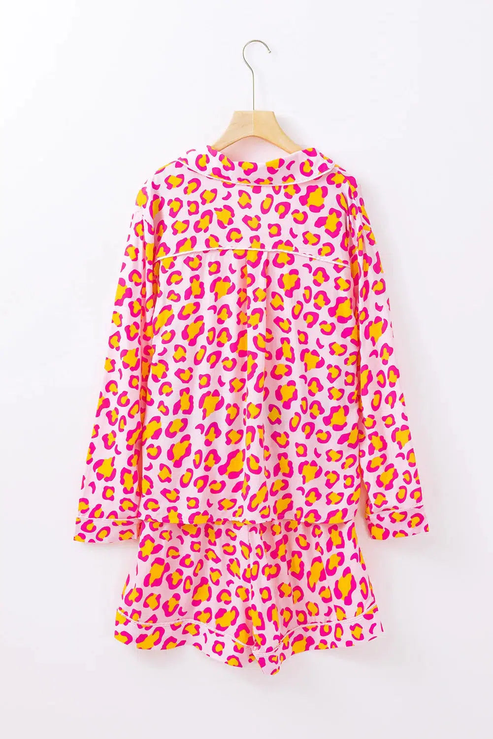 Leopard Collared Neck Long Sleeve Top and Shorts Lounge Set-Loungewear-Evelyns Fashion