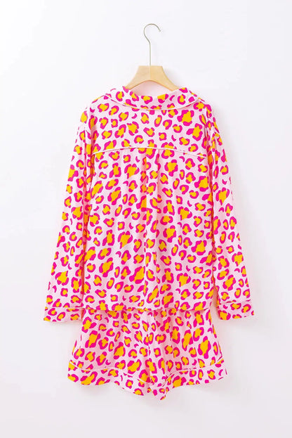 Leopard Collared Neck Long Sleeve Top and Shorts Lounge Set-Loungewear-Evelyns Fashion