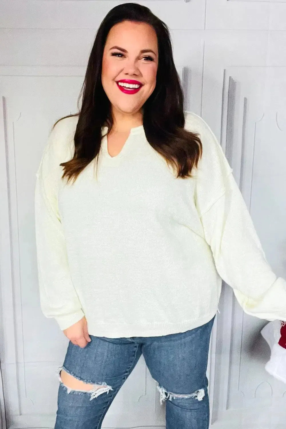 Lock Eyes Ivory Notched Neck With Patch Oversized Sweater-2024 Blow-Out Sale-Evelyns Fashion