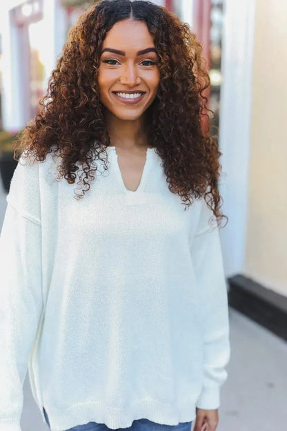 Lock Eyes Ivory Notched Neck With Patch Oversized Sweater-2024 Blow-Out Sale-Evelyns Fashion