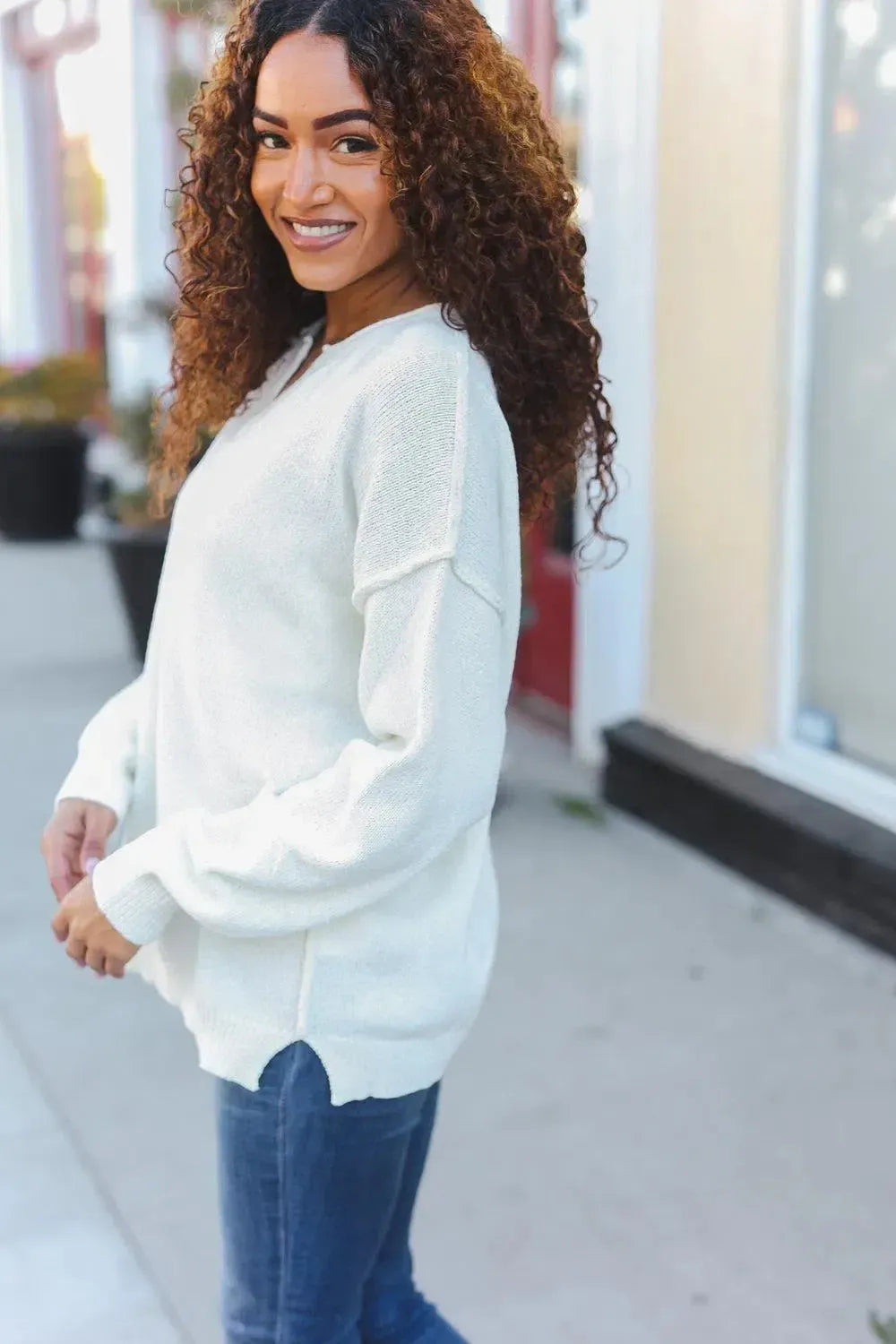 Lock Eyes Ivory Notched Neck With Patch Oversized Sweater-2024 Blow-Out Sale-Evelyns Fashion