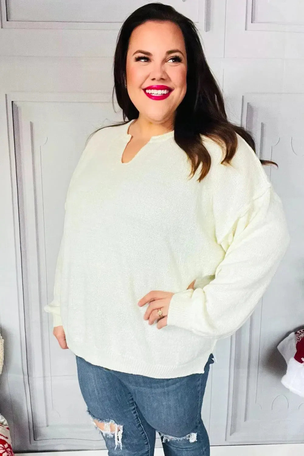 Lock Eyes Ivory Notched Neck With Patch Oversized Sweater-2024 Blow-Out Sale-Evelyns Fashion