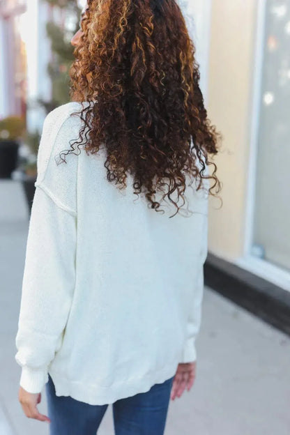 Lock Eyes Ivory Notched Neck With Patch Oversized Sweater-2024 Blow-Out Sale-Evelyns Fashion