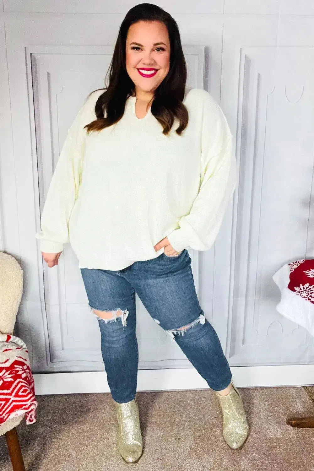Lock Eyes Ivory Notched Neck With Patch Oversized Sweater-2024 Blow-Out Sale-Evelyns Fashion