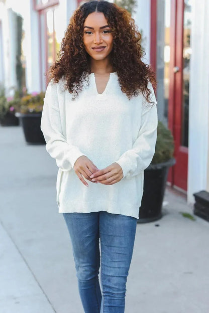 Lock Eyes Ivory Notched Neck With Patch Oversized Sweater-2024 Blow-Out Sale-Evelyns Fashion
