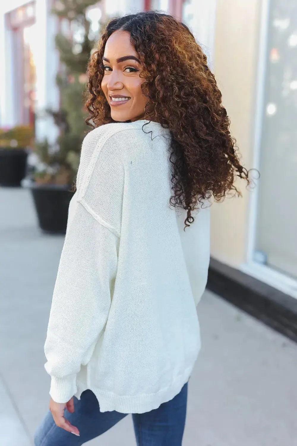 Lock Eyes Ivory Notched Neck With Patch Oversized Sweater-2024 Blow-Out Sale-Evelyns Fashion