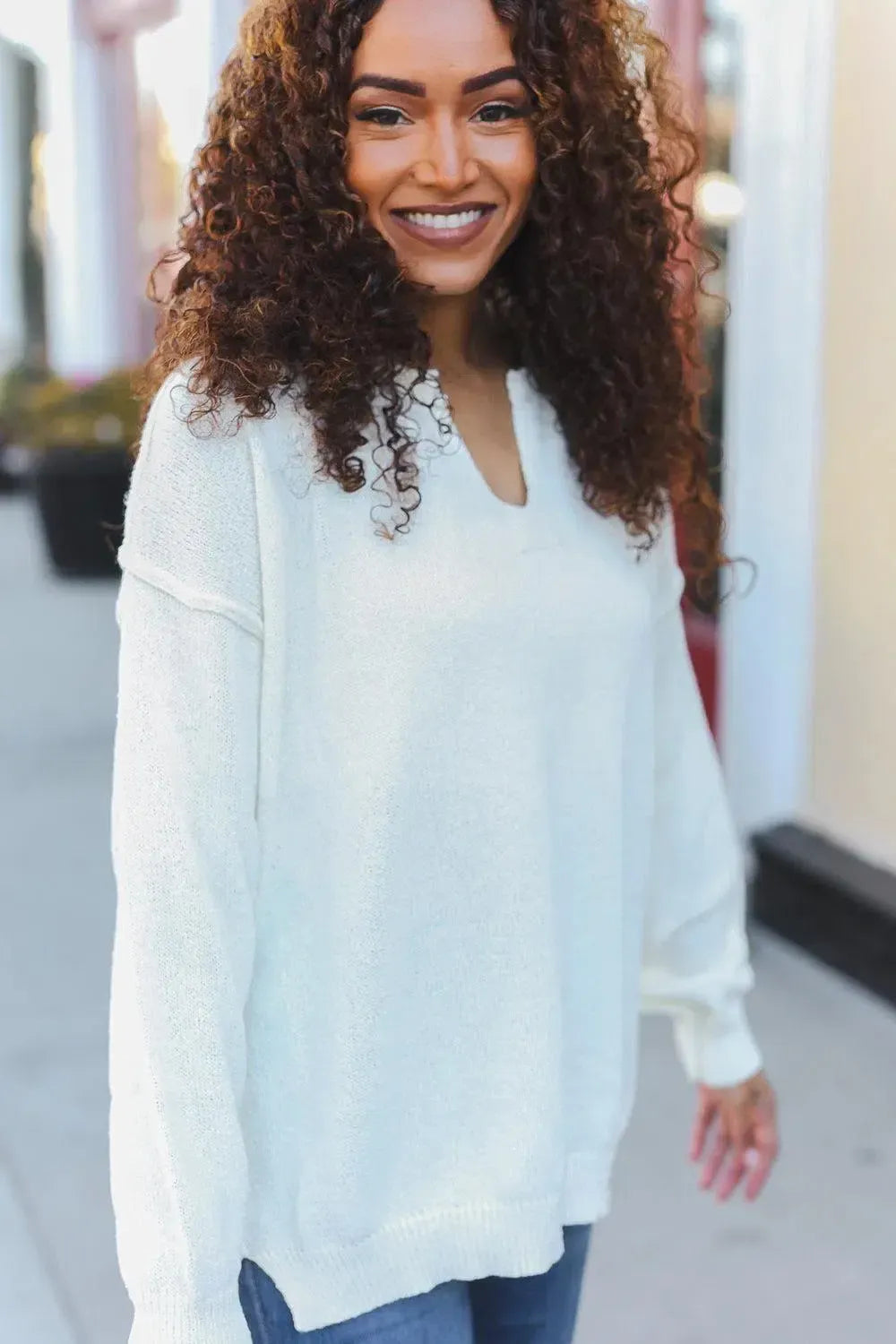 Lock Eyes Ivory Notched Neck With Patch Oversized Sweater-2024 Blow-Out Sale-Evelyns Fashion
