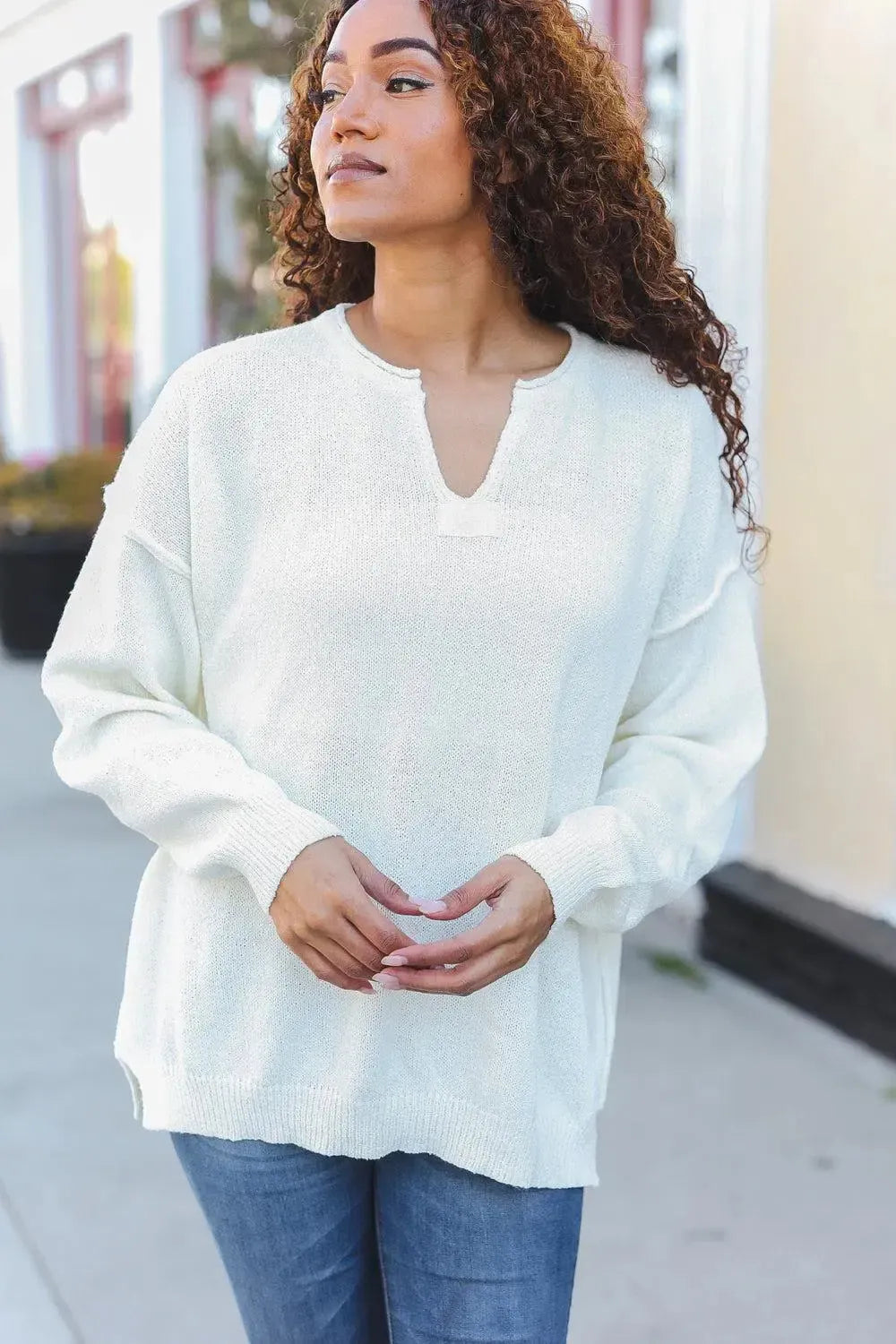 Lock Eyes Ivory Notched Neck With Patch Oversized Sweater-2024 Blow-Out Sale-Evelyns Fashion