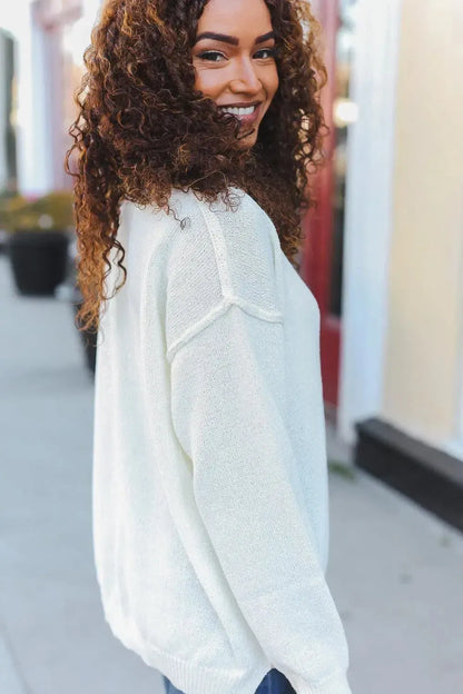 Lock Eyes Ivory Notched Neck With Patch Oversized Sweater-2024 Blow-Out Sale-Evelyns Fashion