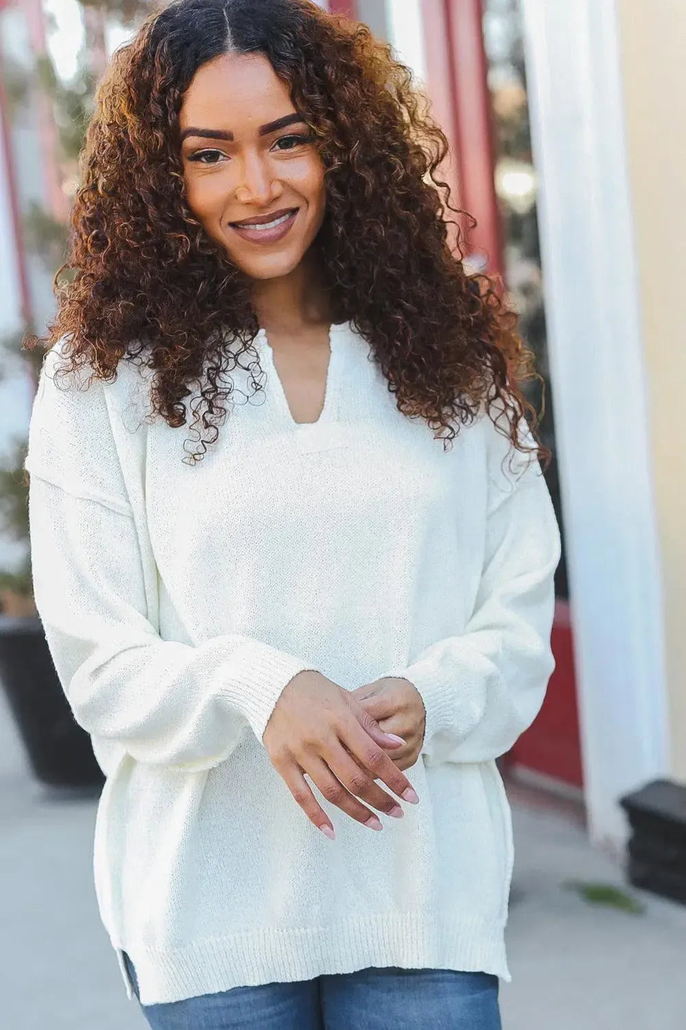 Lock Eyes Ivory Notched Neck With Patch Oversized Sweater-2024 Blow-Out Sale-Evelyns Fashion