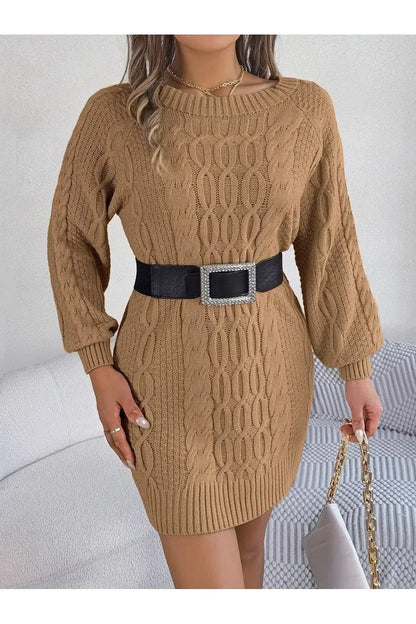 Long Sleeve Brown Sweater Dress-Apparel & Accessories-Evelyns Fashion