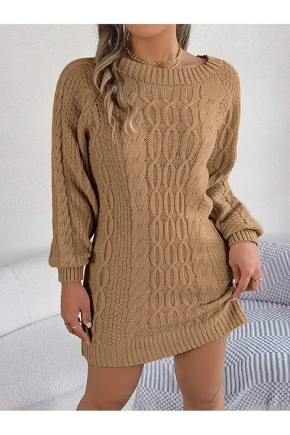 Long Sleeve Brown Sweater Dress-Apparel & Accessories-Evelyns Fashion