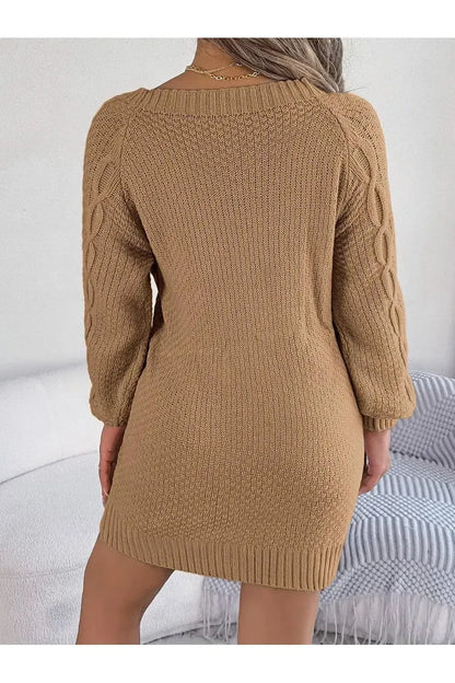 Long Sleeve Brown Sweater Dress-Apparel & Accessories-Evelyns Fashion