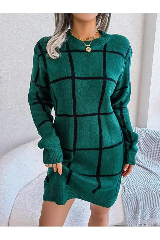 Long Sleeve Plaid Sweater Dress-Apparel & Accessories-Evelyns Fashion