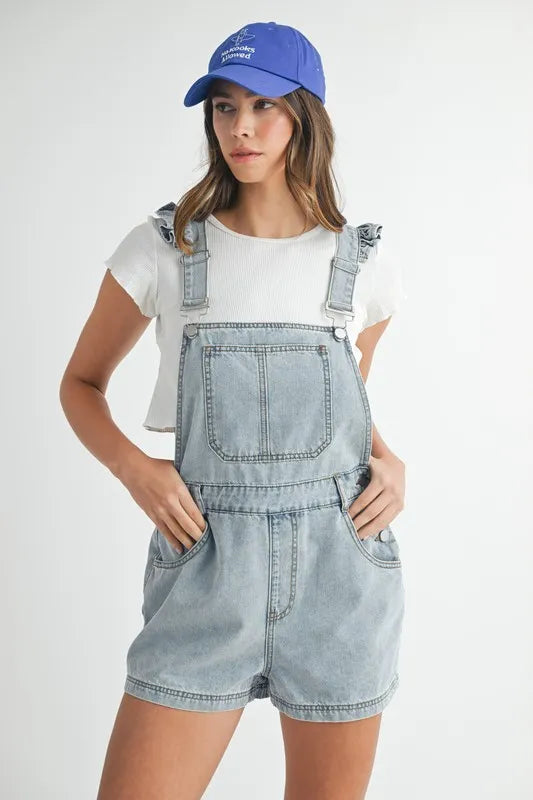 MABLE Square Neck Ruffle Shoulder Denim Overall Romper-Apparel & Accessories-Evelyns Fashion