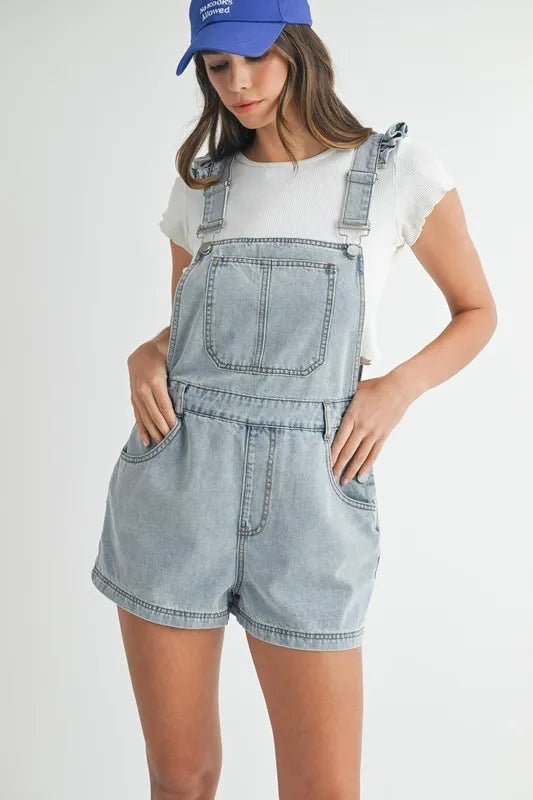 MABLE Square Neck Ruffle Shoulder Denim Overall Romper-Apparel & Accessories-Evelyns Fashion