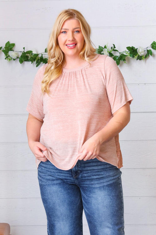 Mauve Crinkle Floral Top-Short Sleeve Blouse-Evelyns Fashion