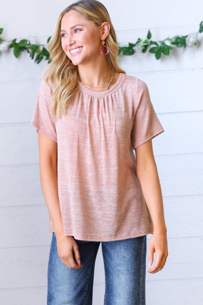 Mauve Crinkle Floral Top-Short Sleeve Blouse-Evelyns Fashion