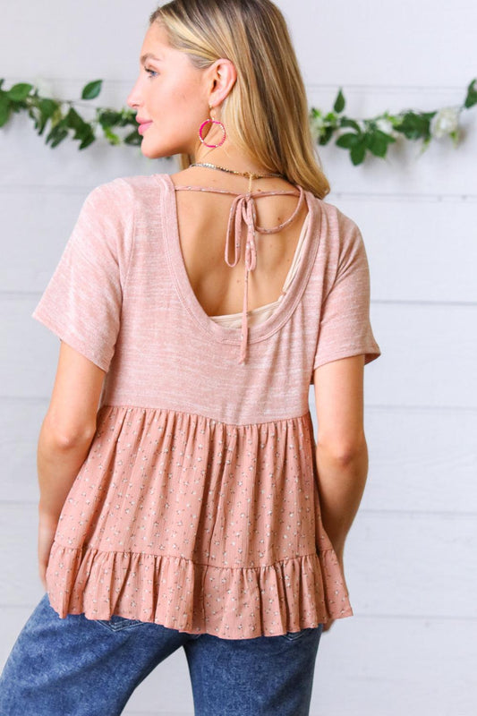 Mauve Crinkle Floral Top-Short Sleeve Blouse-Evelyns Fashion