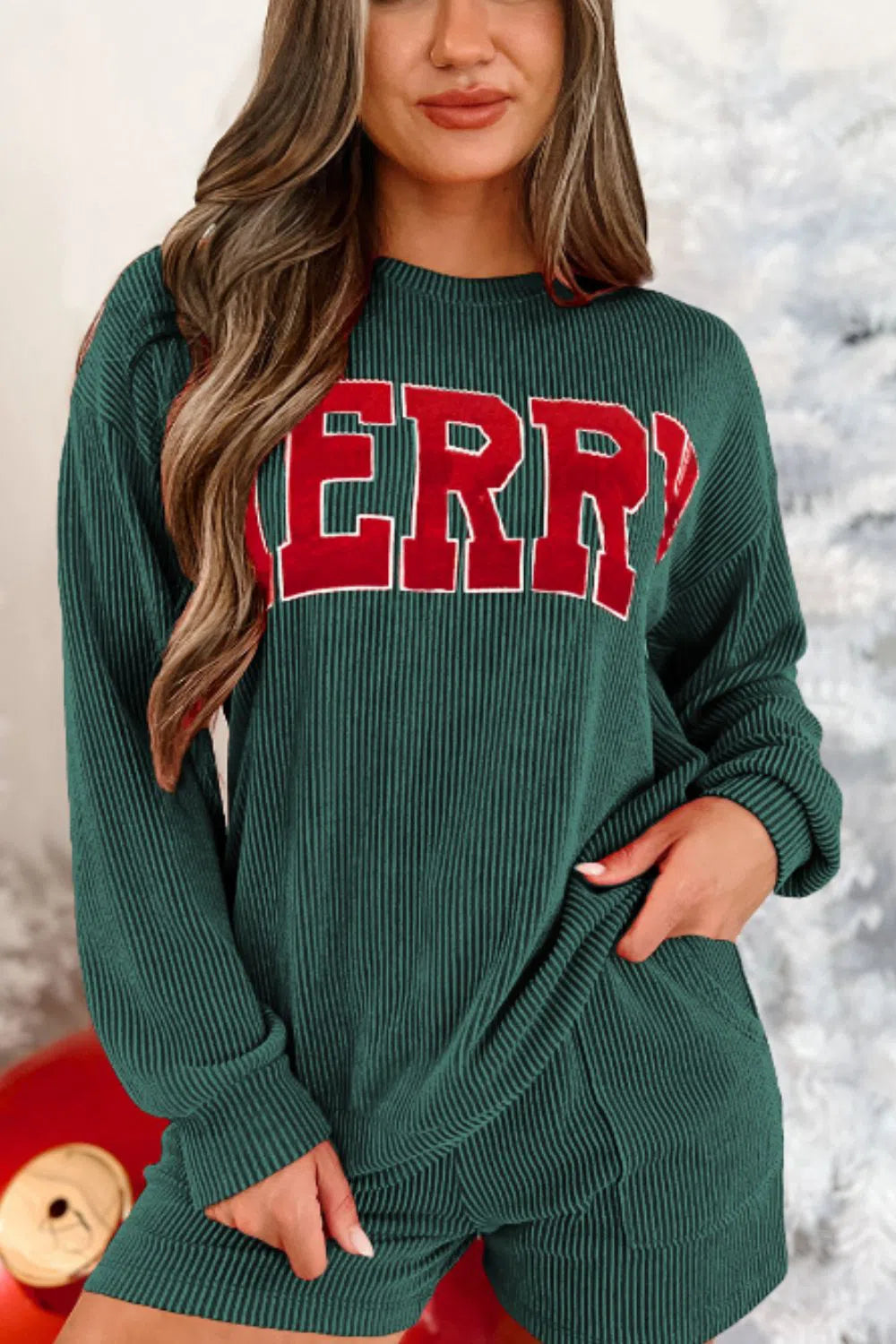 MERRY Round Neck Long Sleeve Top and Shorts Lounge Set-Loungewear-Evelyns Fashion