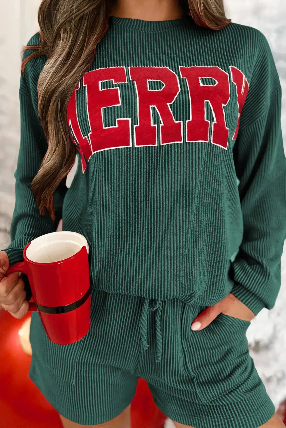 MERRY Round Neck Long Sleeve Top and Shorts Lounge Set-Loungewear-Evelyns Fashion