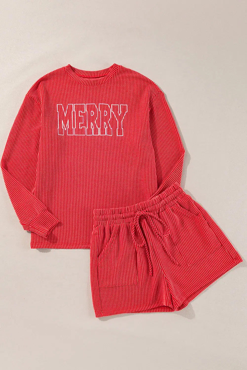 MERRY Round Neck Long Sleeve Top and Shorts Lounge Set-Loungewear-Evelyns Fashion