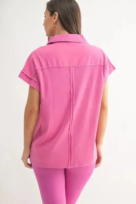 Mineral Wash Half Button T-Shirt-Apparel & Accessories-Evelyns Fashion